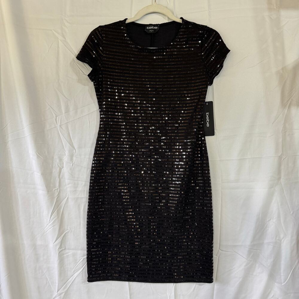 NWT Bebe Black Sequin Short Sleeve Shift Mini Dress Size Small